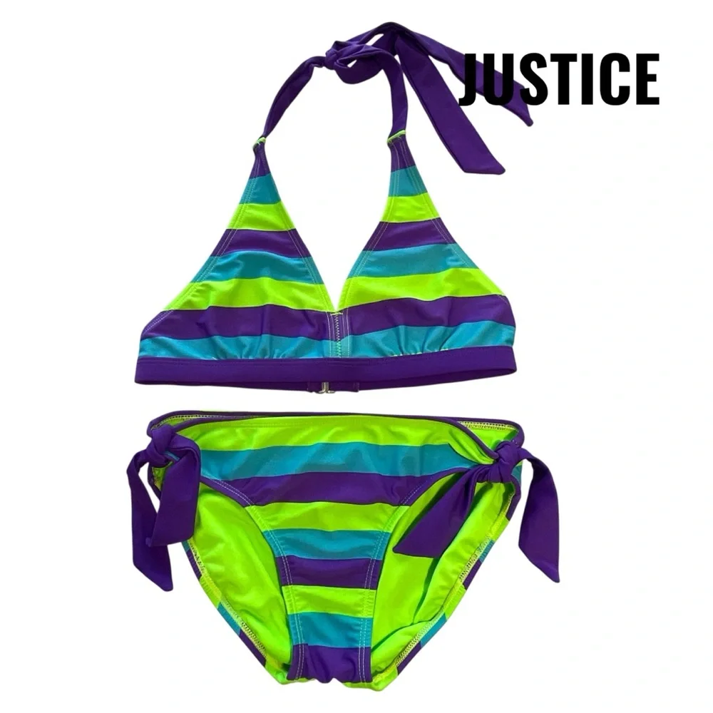 Justice Kids Swim Size 12, 2 Bikini Reversible top - Green and Purple